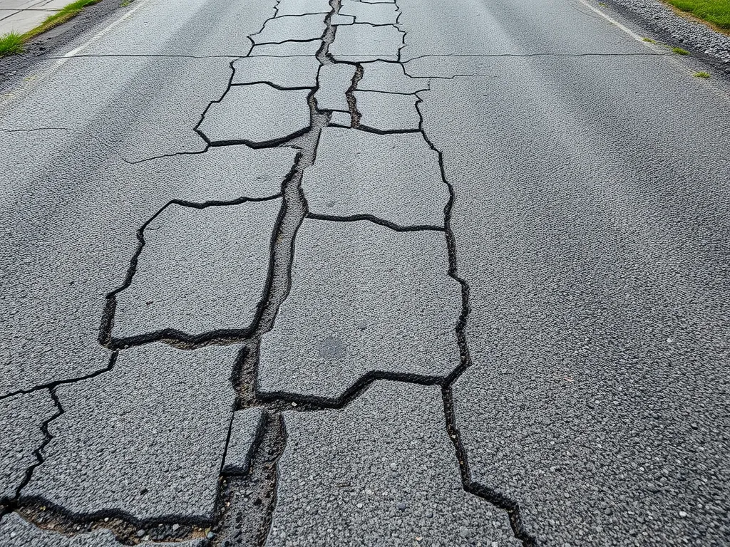 Cracked asphalt road caused by heavy traffic loads
