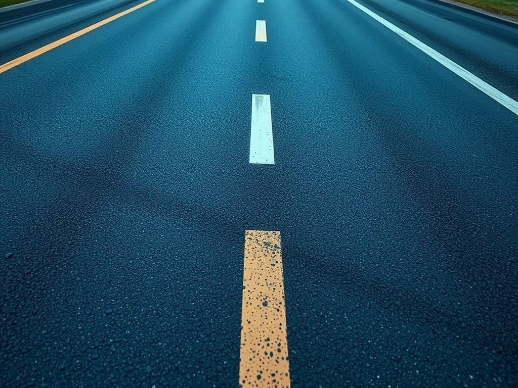 Close-up view of a smooth asphalt road with lane markings, illustrating the importance of traffic load on asphalt mix selection.