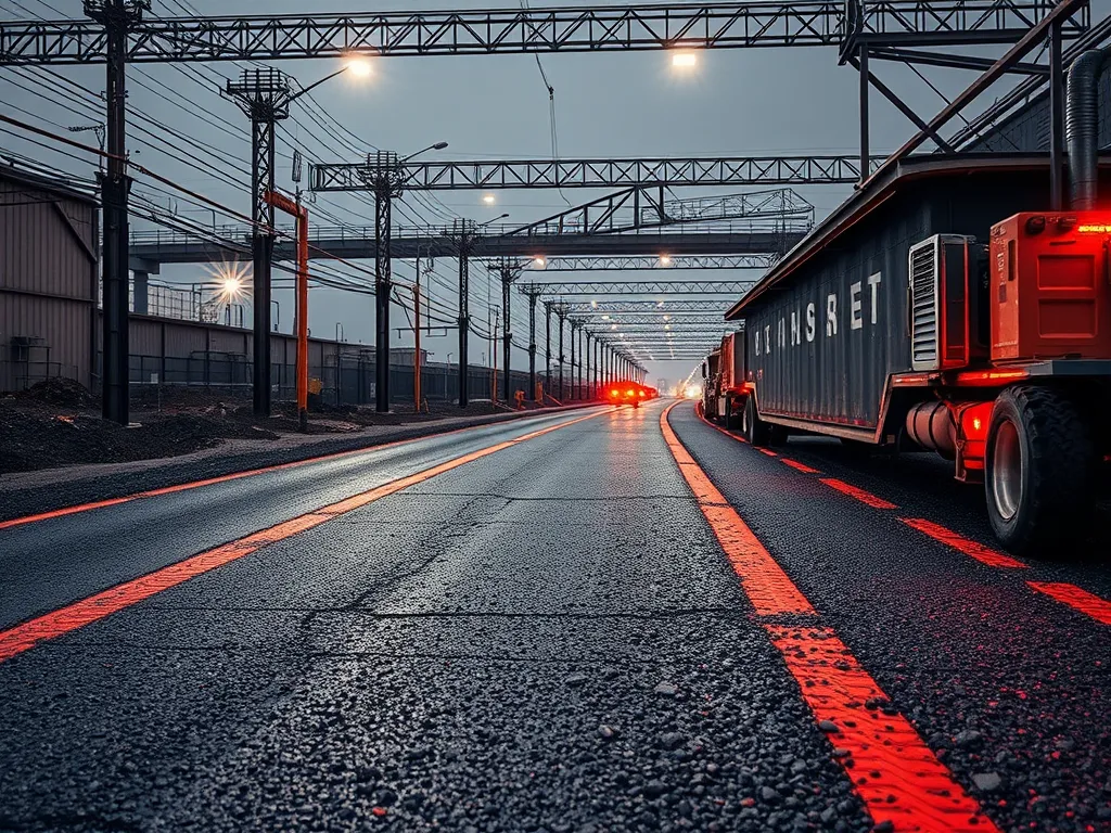 A road showing the effects of traffic load on asphalt mix selection with visible truck and lighting.