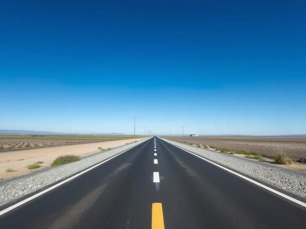 A smooth asphalt road transitioning from gravel on the sides, illustrating the shift from gravel to asphalt surfaces.