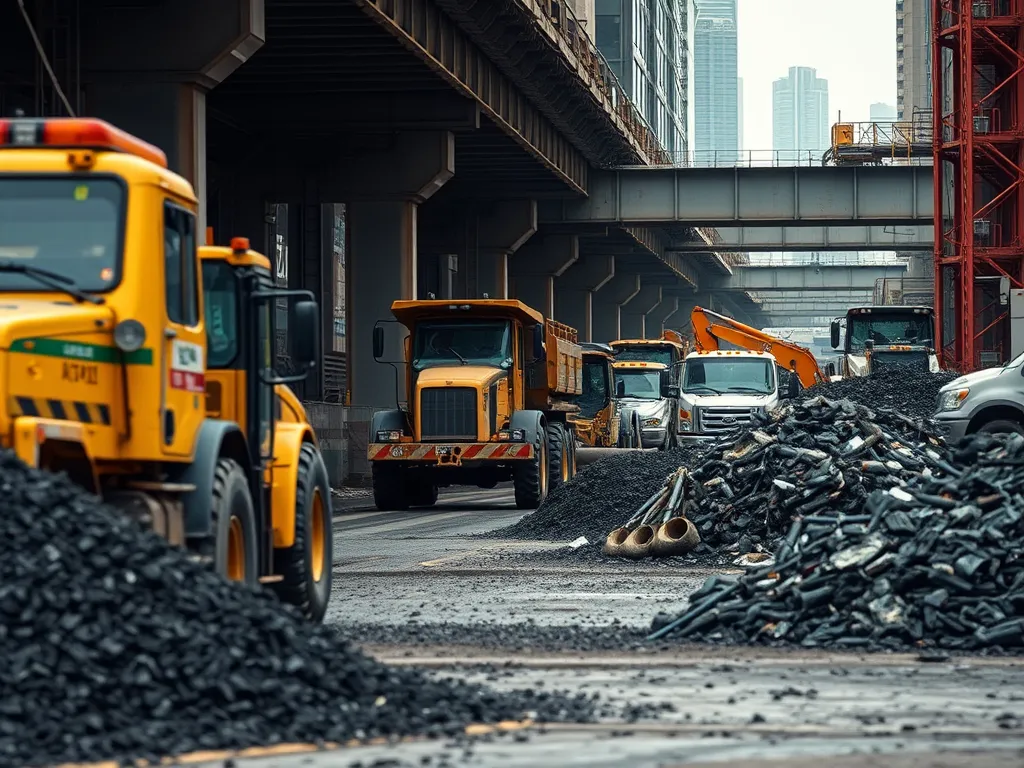 Construction site showcasing asphalt recycling process in transportation infrastructure.