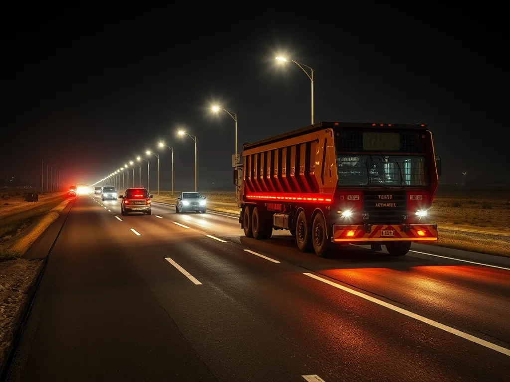 Nighttime transportation logistics with asphalt trucks on the road, highlighting efficient delivery for asphalt manufacturing.