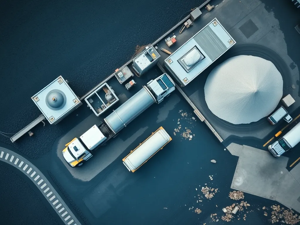 Aerial view of trucks and materials in asphalt manufacturing transportation logistics.