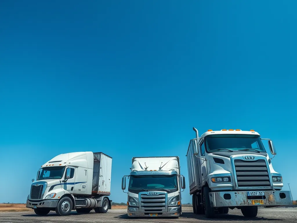 Three trucks lined up for transportation logistics in asphalt manufacturing.