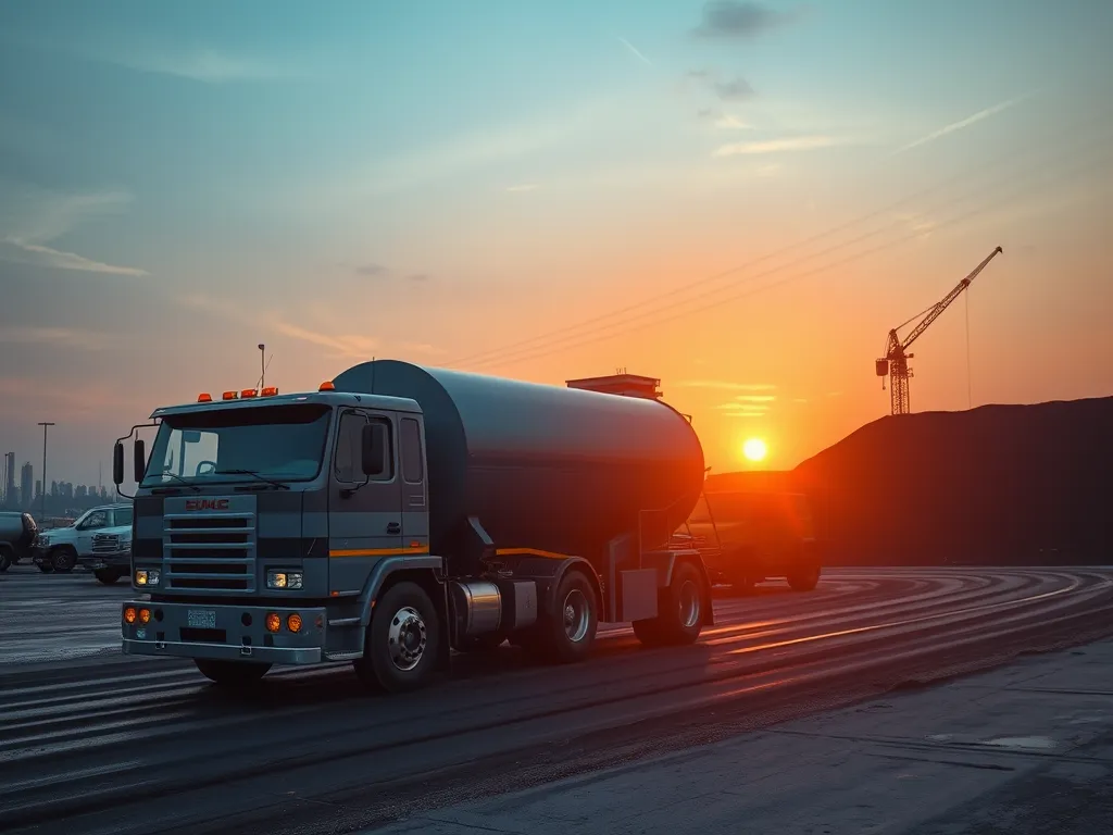 Truck transporting asphalt for manufacturing during sunset