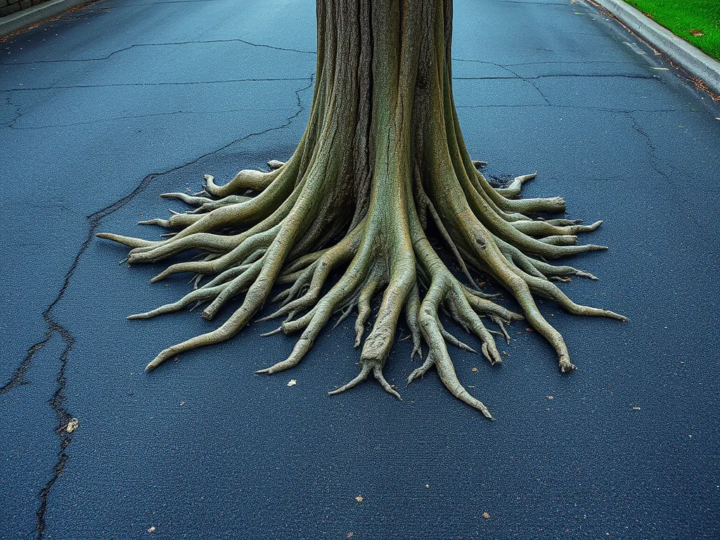 Tree roots spreading over an asphalt driveway causing damage