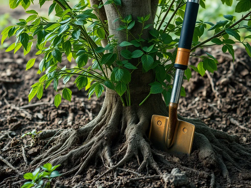 Close-up of tree roots with a shovel, illustrating the impact of tree roots on asphalt driveways.