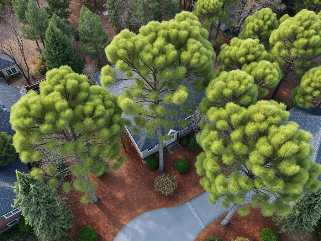 View of trees with significant roots affecting asphalt driveway