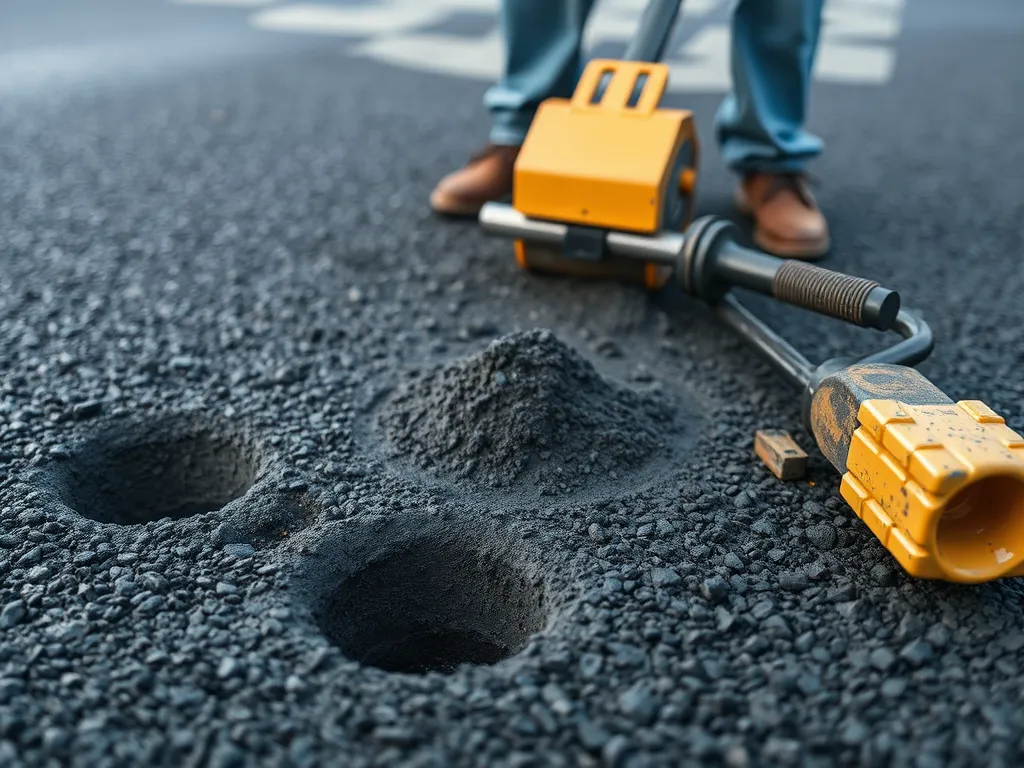 Damage caused by tree roots on asphalt driveway, highlighting excavation areas.