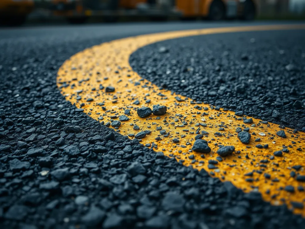 Close-up view of asphalt with yellow line, showcasing different types of asphalt surfaces