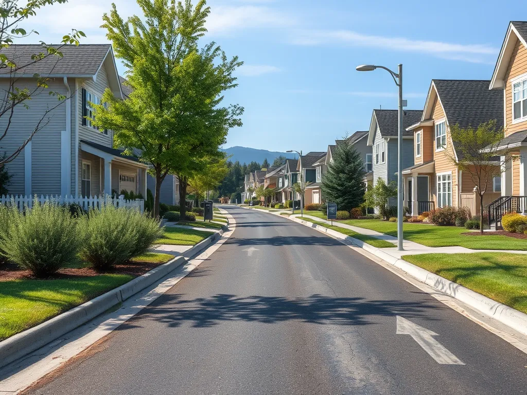 A residential street demonstrating different types of asphalt used in road construction.