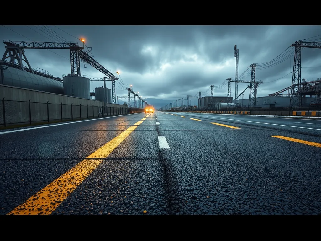 A wet asphalt road showcasing different types of asphalt surfaces commonly used in construction.