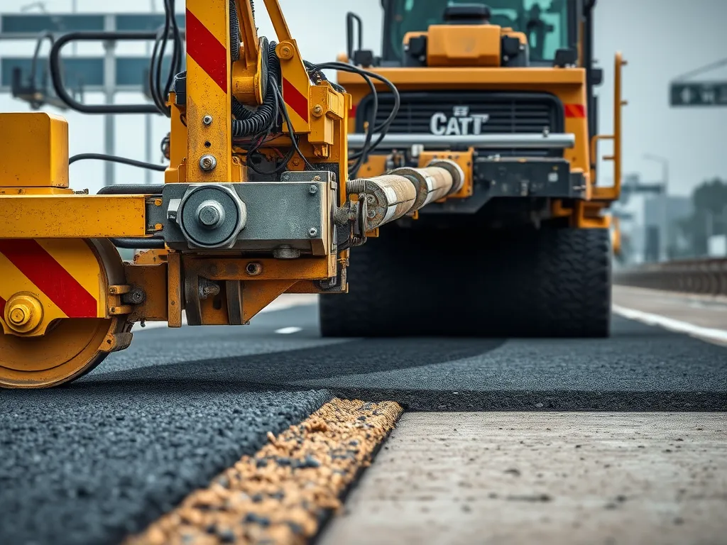 Close-up of a paver machine working on asphalt, showcasing various types of paver machines in road construction.