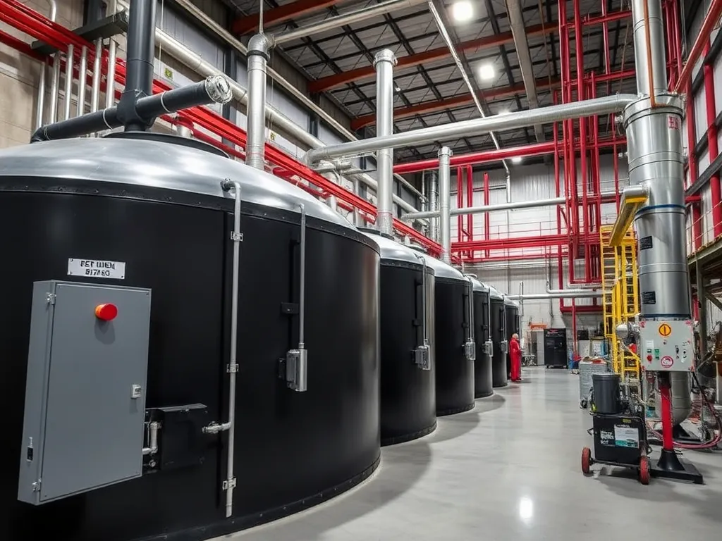 Production facility with large tanks, relevant to upcoming regulations affecting asphalt production.
