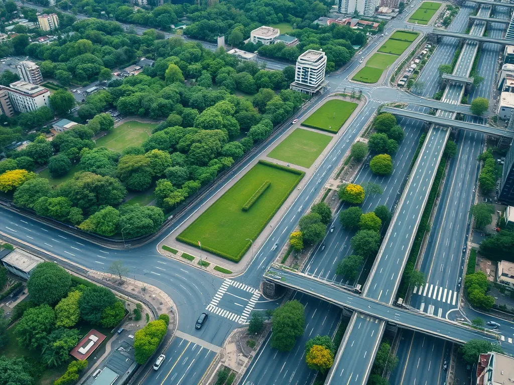 Aerial view of urban landscape showcasing asphalt roads alongside green parks, illustrating the environmental impact of urban asphalt.