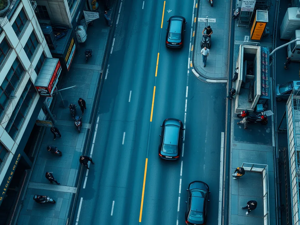 Aerial view of a busy urban road with asphalt pavement and vehicles.