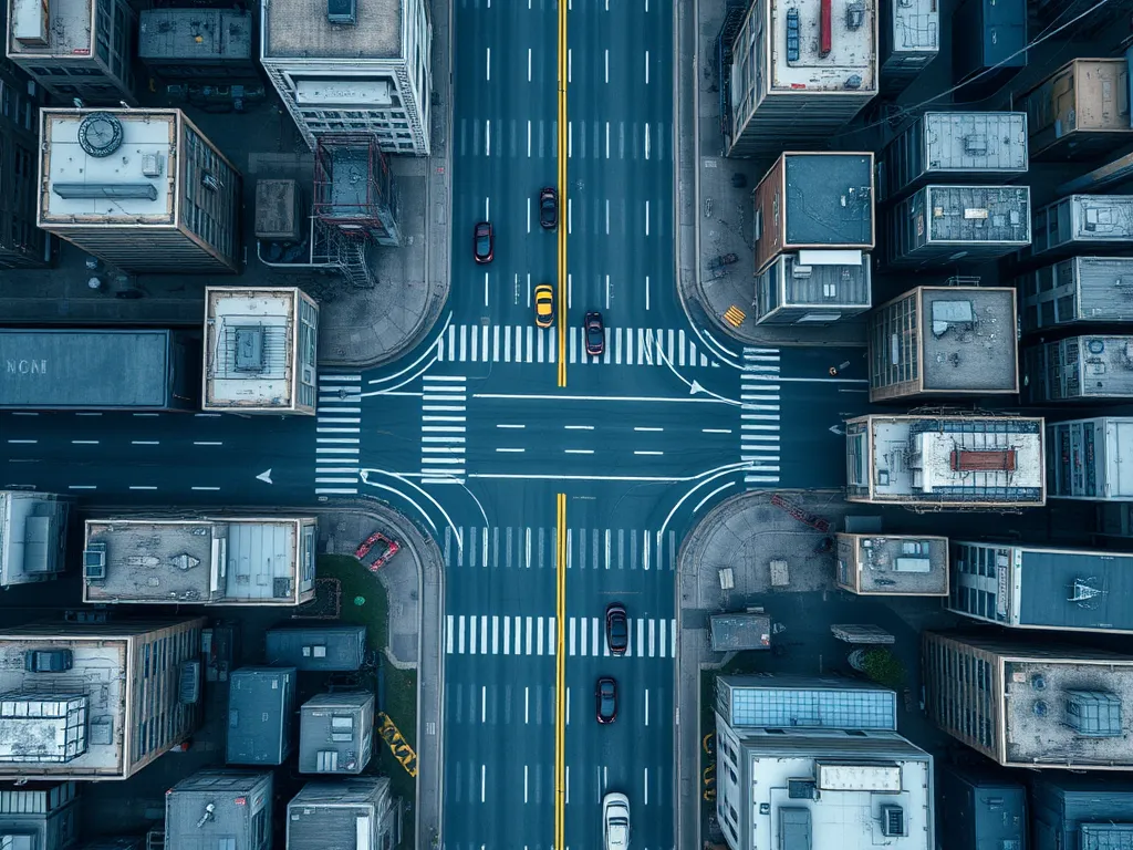 Aerial view of a city intersection showcasing asphalt road safety measures in urban planning.