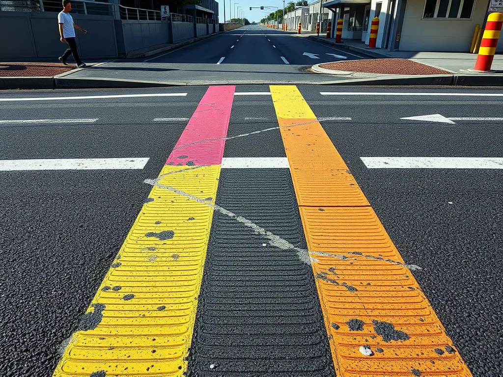 Colorful asphalt safety markings at a crosswalk designed for urban safety