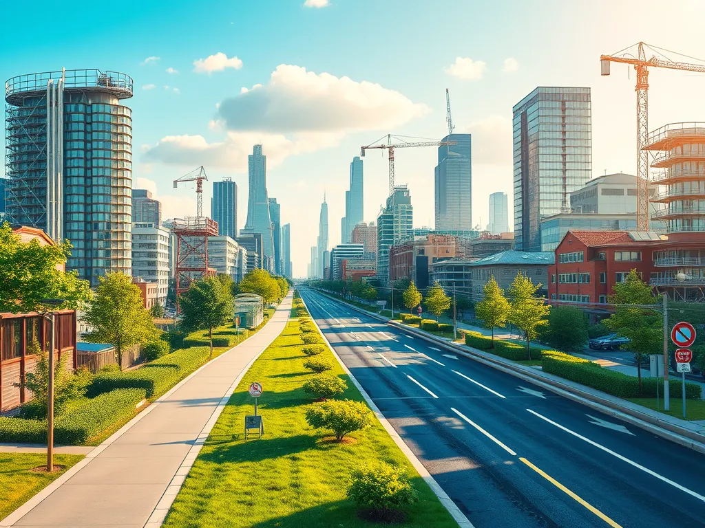 A vibrant cityscape with asphalt roads, highlighting the influence of asphalt in urban development.