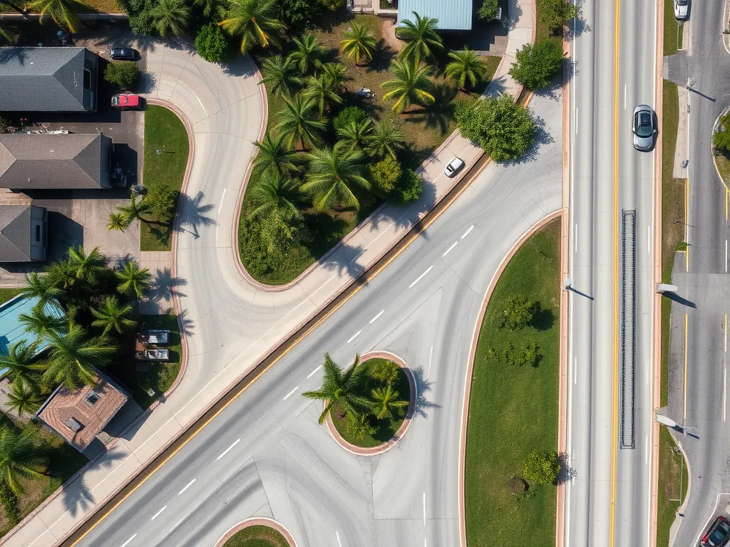 Aerial view of urban landscape showing roads and trees, highlighting asphalt and vegetation in relation to urban heat island effect.