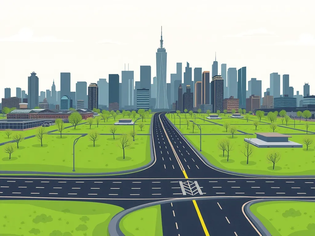 City skyline showing effects of urban heat island with asphalt roads and greenery