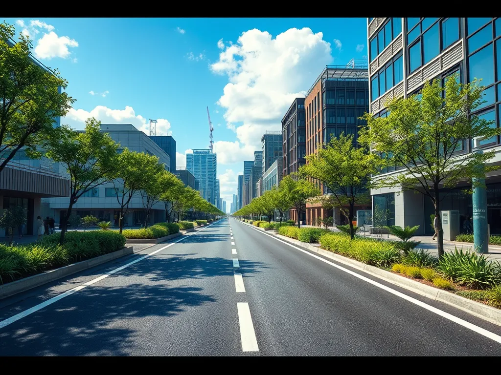 Wide shot of a city street with trees and modern buildings, highlighting solutions to combat urban heat island effect.
