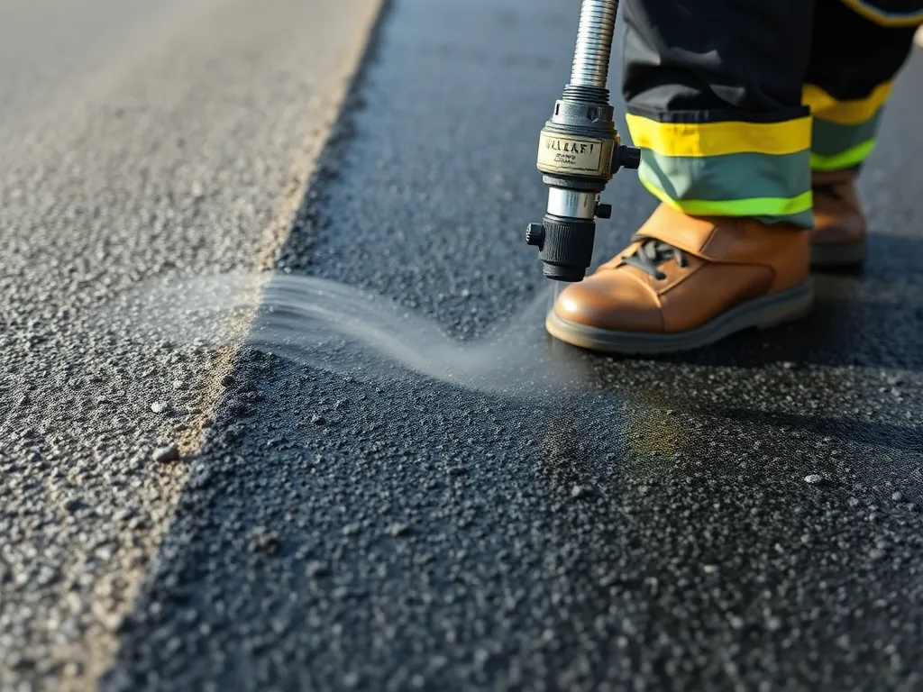 Application of asphalt sealer for UV protection on pavement.