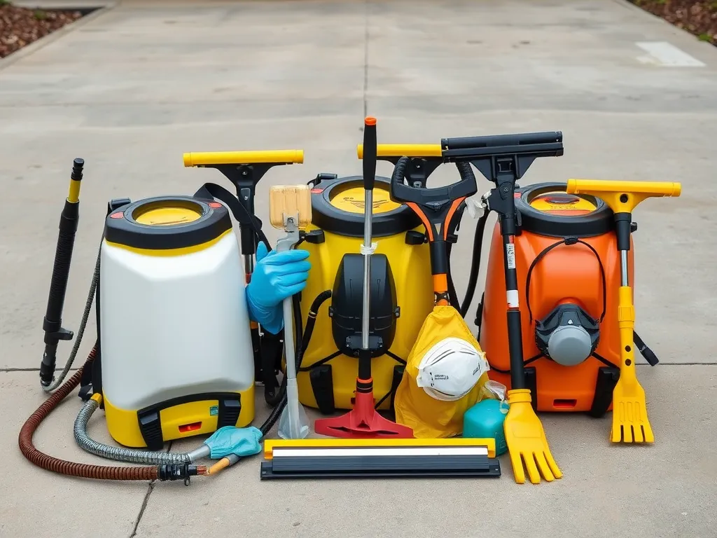 Various tools for protecting asphalt from UV damage, including sprayers and brushes.