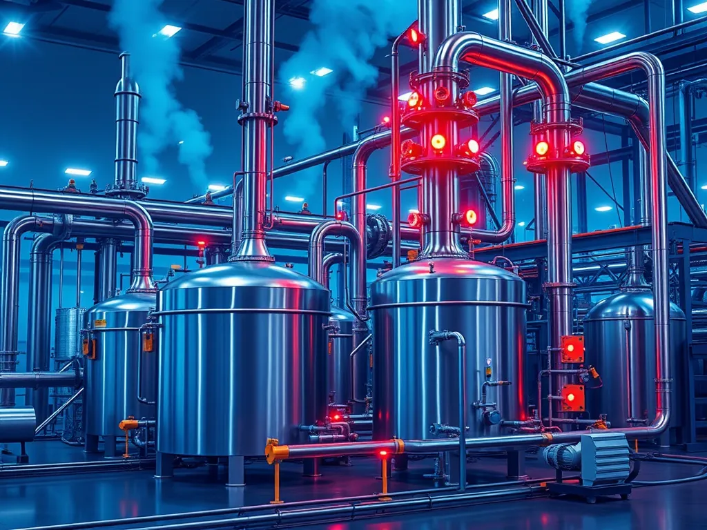 Industrial setup for vacuum distillation of asphalt showing distillation columns and processing equipment.