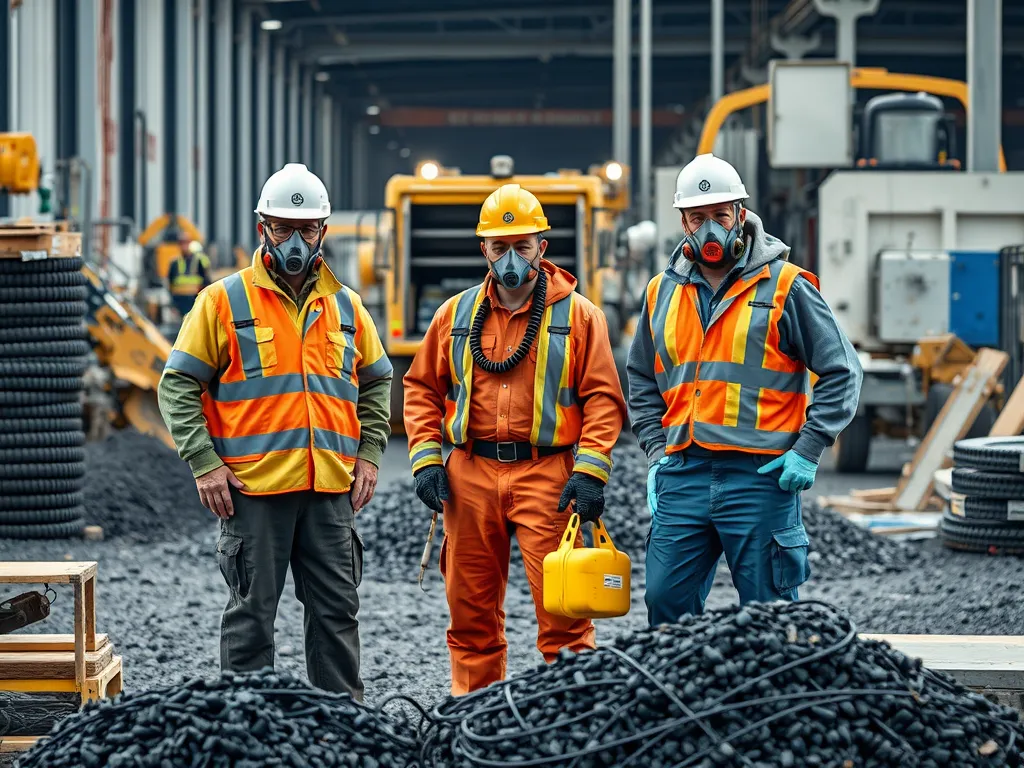 Workers in protective gear discussing volatile organic compounds in asphalt production.