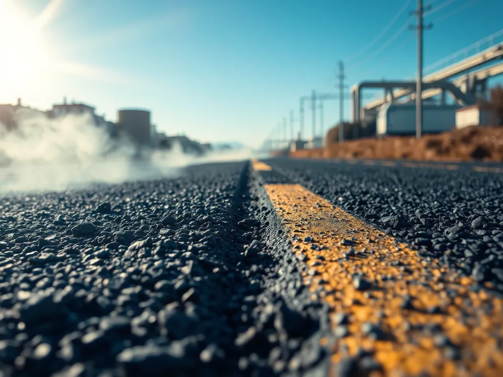 Close-up view of asphalt road releasing volatile organic compounds