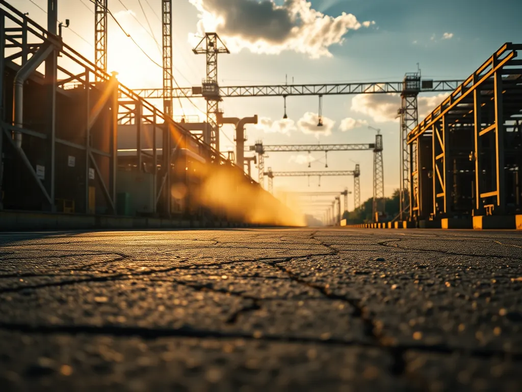 Surface of asphalt emitting volatile organic compounds in an industrial setting.