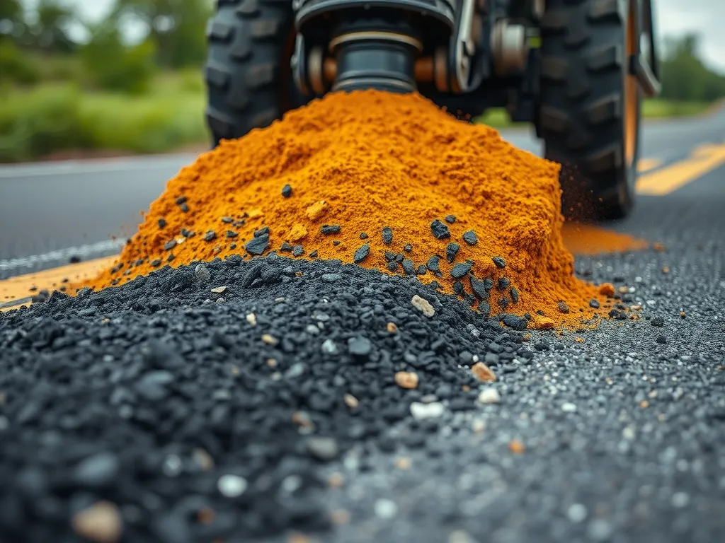 A close-up of warm mix asphalt additives being spread on a road surface, showcasing the orange and black materials used in warm mix asphalt.