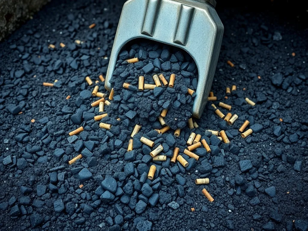 A scoop of warm mix asphalt additives on a dark asphalt surface.
