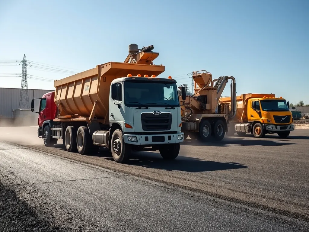 Trucks delivering warm mix asphalt additives for road construction.