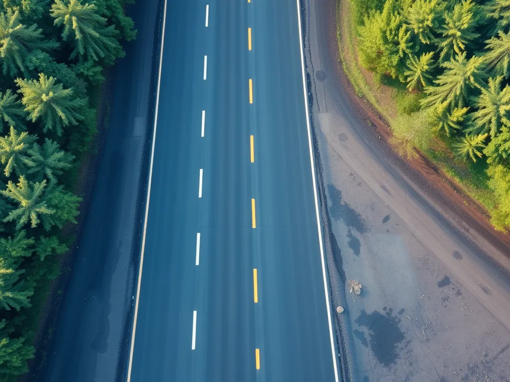 Aerial view of a smooth road paved with warm mix asphalt highlighting its durability and eco-friendliness.