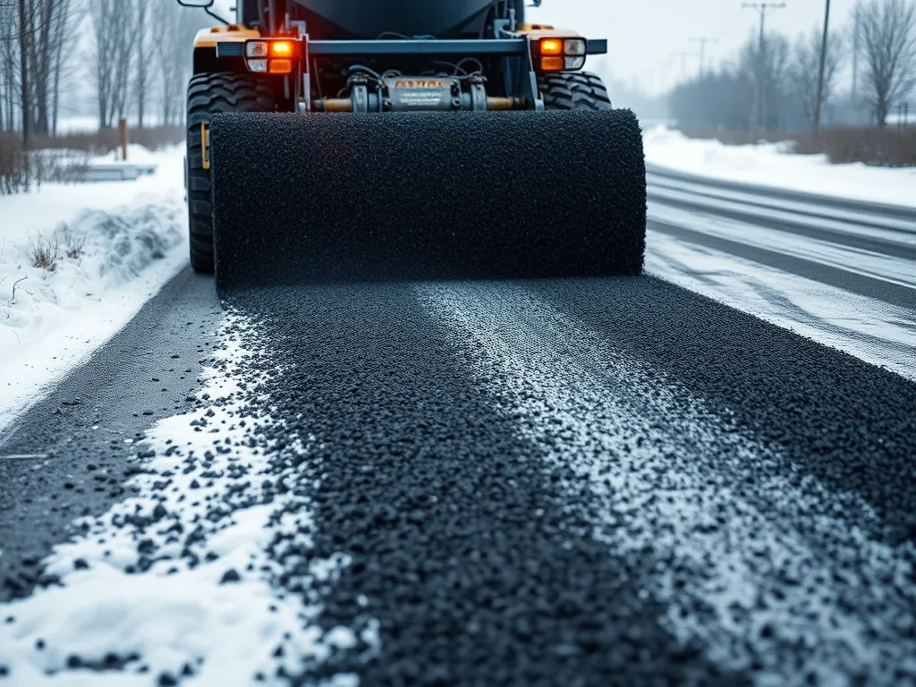 Laying warm mix asphalt on a snowy road showcasing its effectiveness in cold climates.
