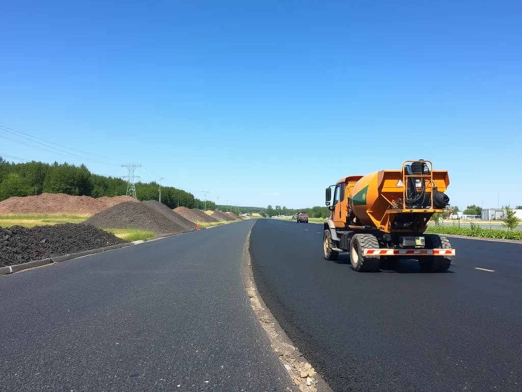 A construction vehicle laying warm mix asphalt, showcasing its environmental benefits.