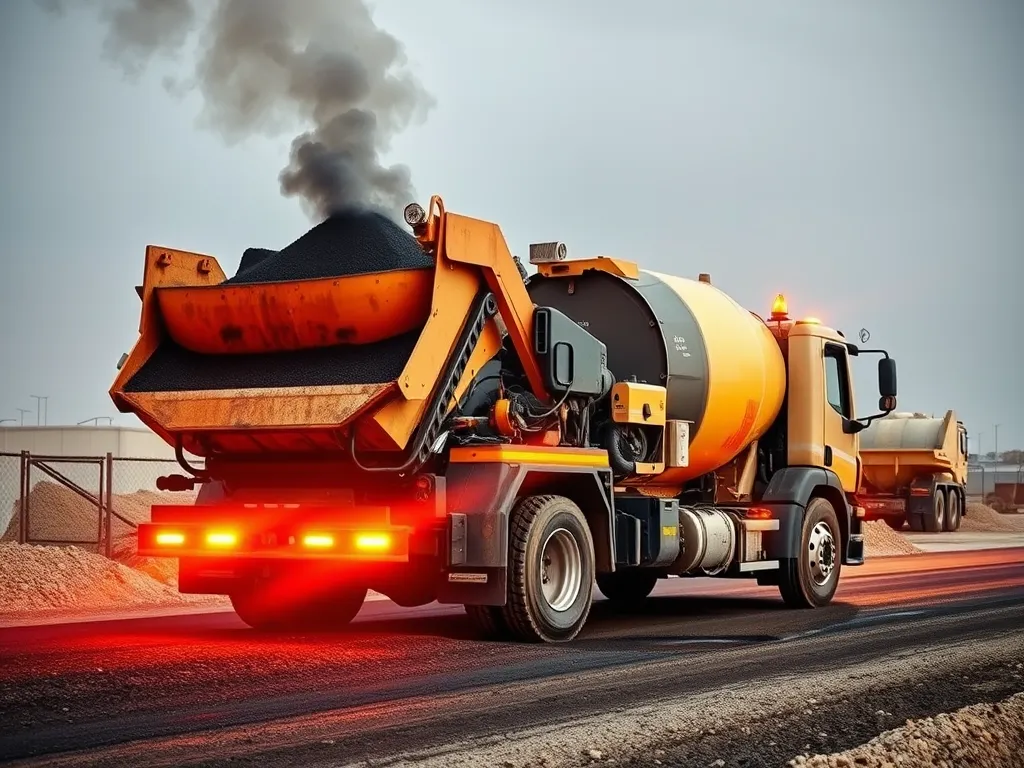 A truck transporting warm mix asphalt, showcasing its environmental benefits in road construction.