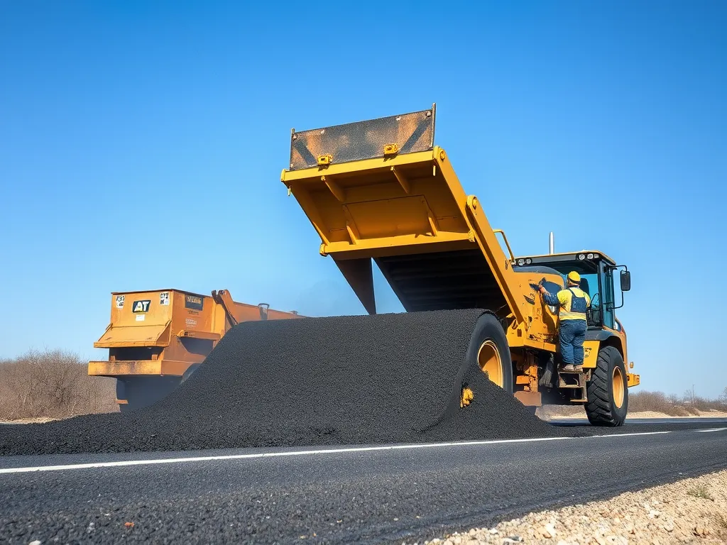 Truck unloading warm mix asphalt on a construction site, demonstrating environmentally friendly paving techniques.