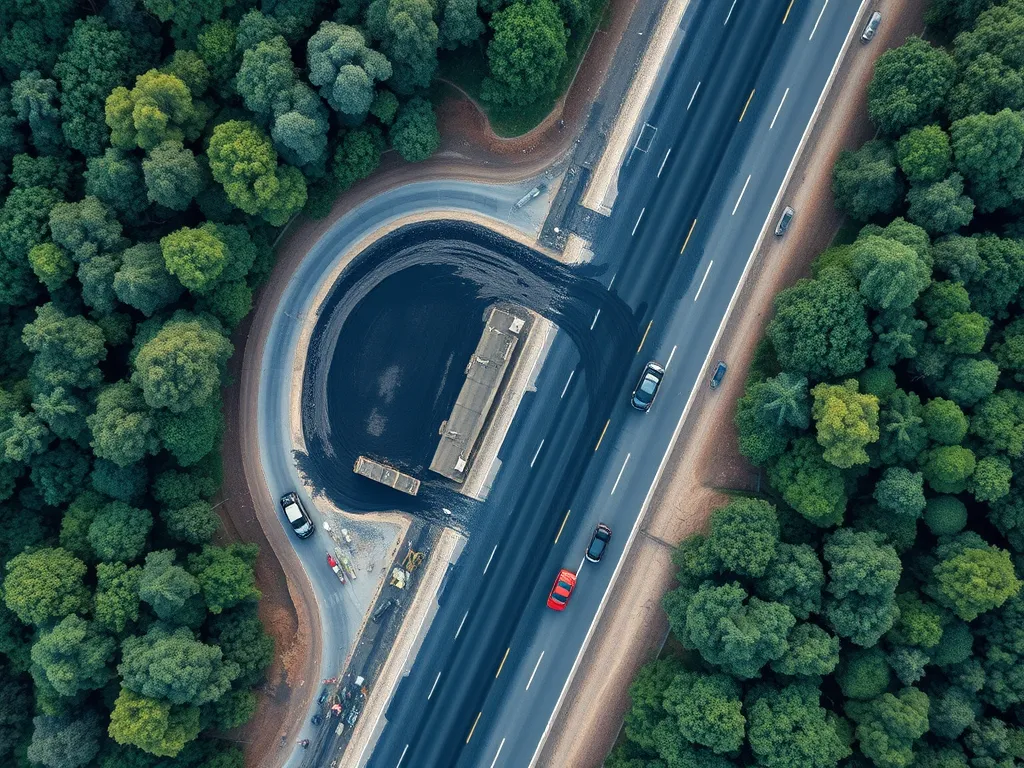 Aerial view of warm mix asphalt being laid on a highway surrounded by lush greenery, highlighting its environmental benefits.