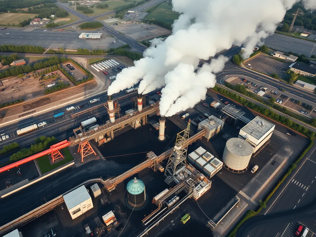 Aerial view of an industrial facility emitting smoke, highlighting the environmental impact of warm mix asphalt.