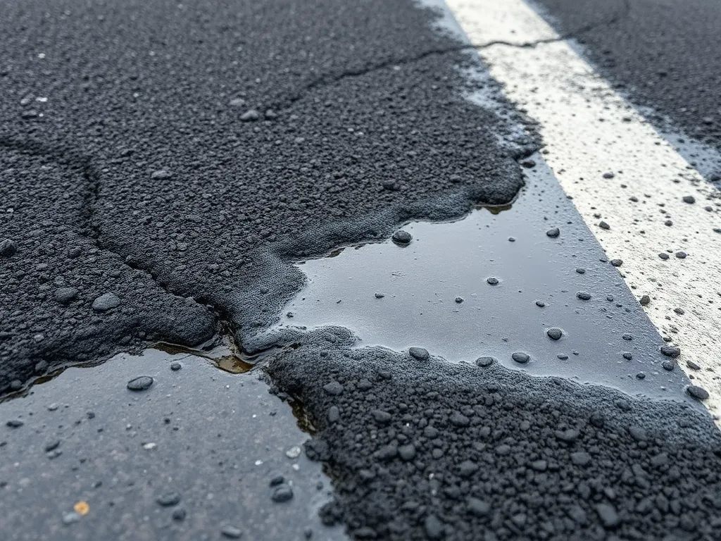 Close-up of warm mix asphalt pavement showing surface texture and water accumulation.