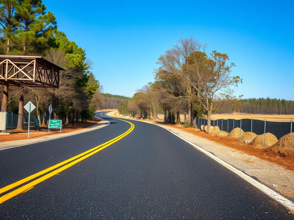 A scenic view of a freshly paved road utilizing warm mix asphalt recycling techniques, highlighting its environmental benefits.