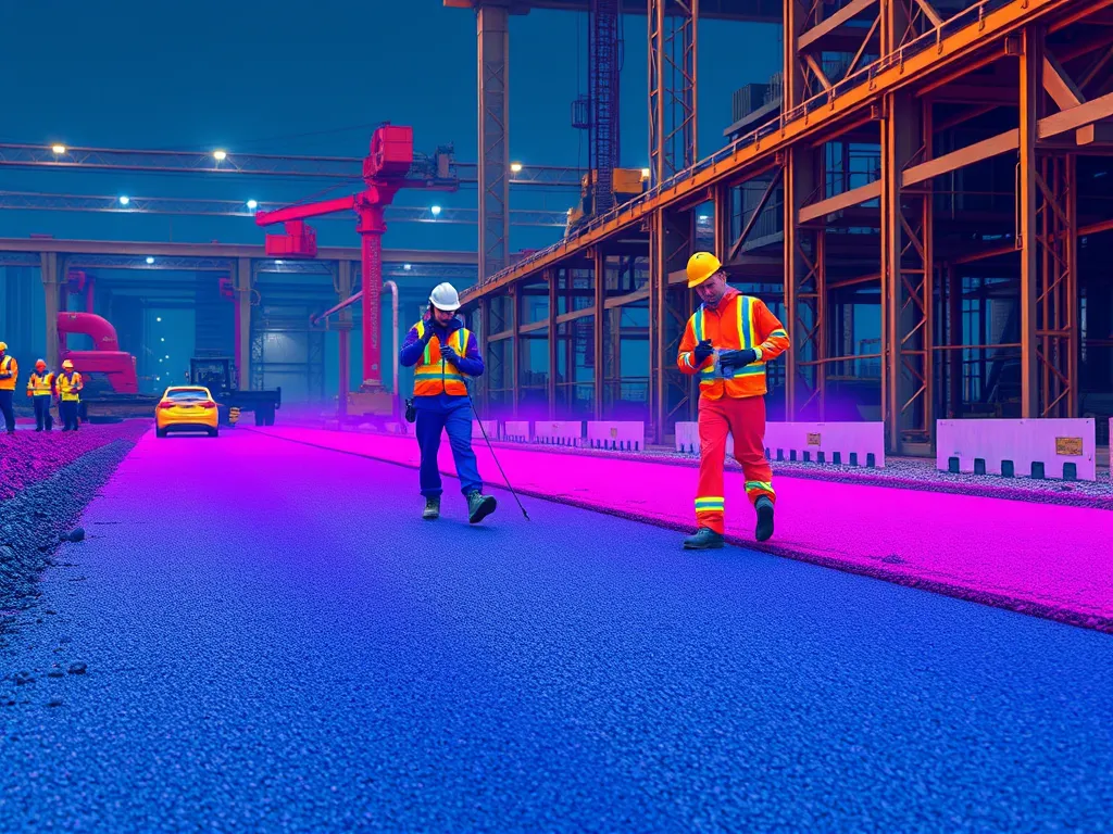 Workers applying warm mix asphalt in a construction area using modern techniques.