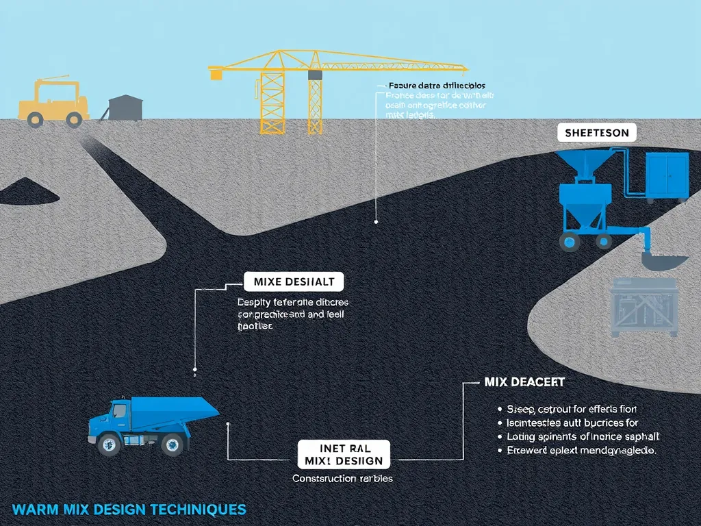 Illustration of warm mix asphalt techniques including mix desiat, mix deacert, and inet ral mix design.
