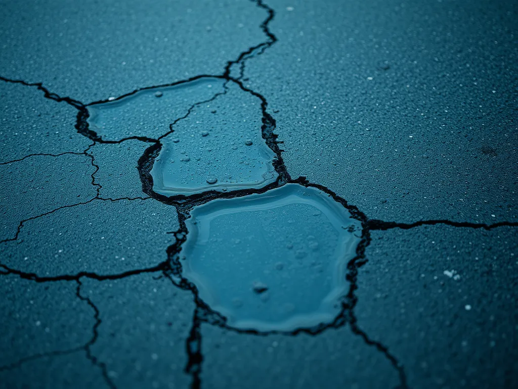 Close-up of cracked asphalt with water pooling, highlighting water damage mitigation