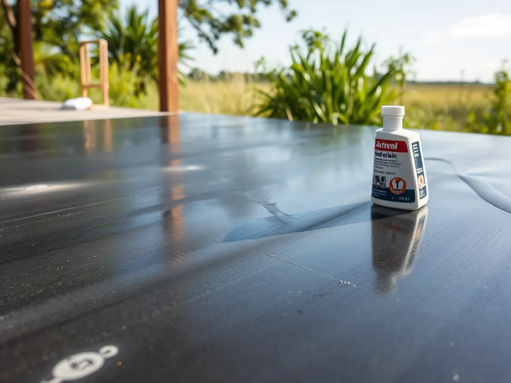 A bottle of waterproofing sealant on freshly coated asphalt surface.