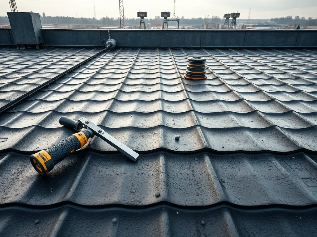 Close-up of a textured asphalt roof with tools, illustrating waterproofing techniques.