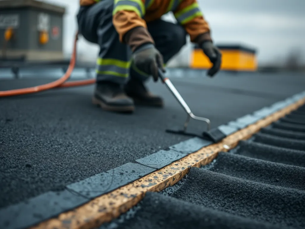 Worker applying asphalt for waterproofing a roof